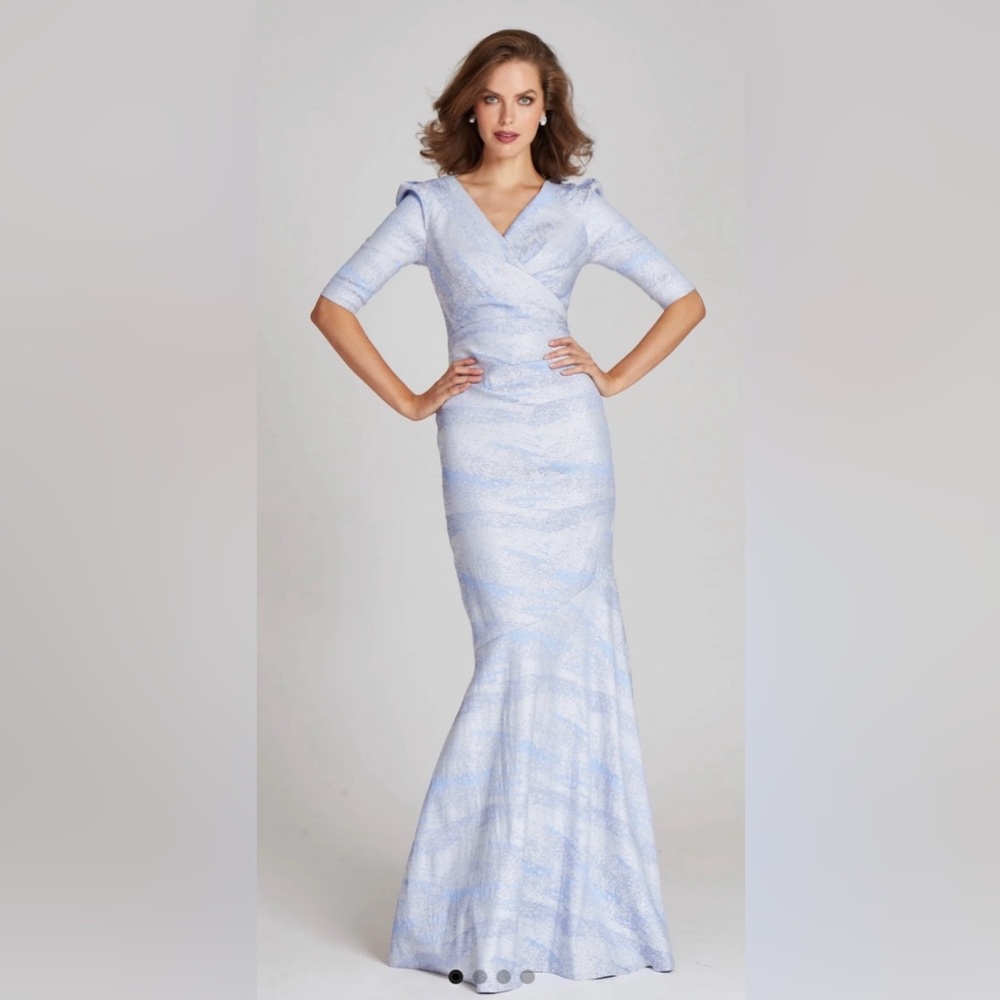 Light blue and lavender Teri Jon Stretch Jacquard Side Drape Gown